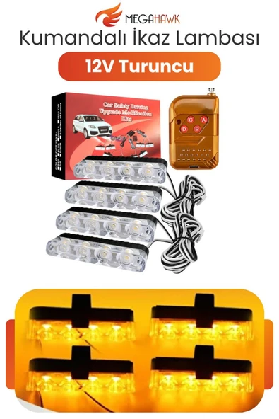 Araç İçi Çakar LED Seti Kumandalı 4 Parça 12V Turuncu İkaz Lambası ürün görseli 1