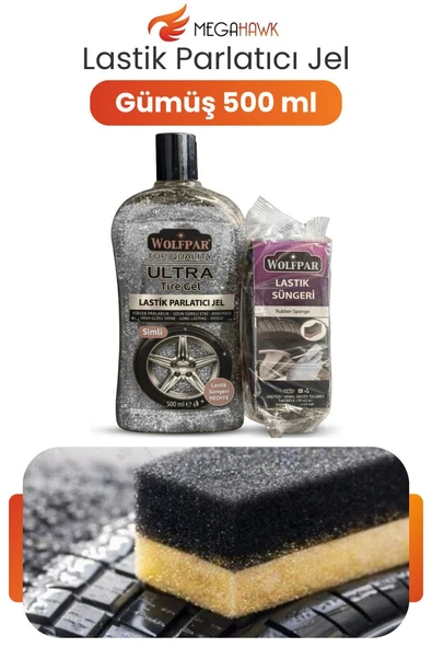 Lastik Parlatıcı Jel Gümüş Renk Simli 500 ml + Lastik Süngeri Hediyeli Parlaklık Koruma ürün görseli 1