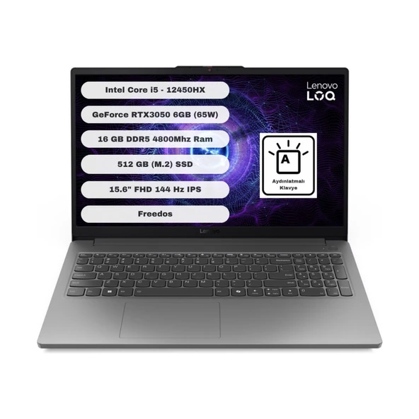 Lenovo LOQ 83LK008KTR_16 i5-12450HX 16GB 512GB 15.6" FHD 144Hz RTX3050 6GB FreeDOS Notebook (Upg) ürün görseli 1
