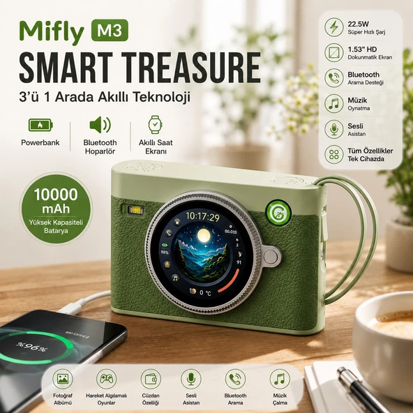 Smart Treasure M3 10000 mAh 22.5W Hızlı Şarjlı Powerbank Bluetooth Hoparlör 1.53’’ Dokunmatik Akıllı Ekranlı Taşınabilir Şarj Cihazı ürün görseli 1