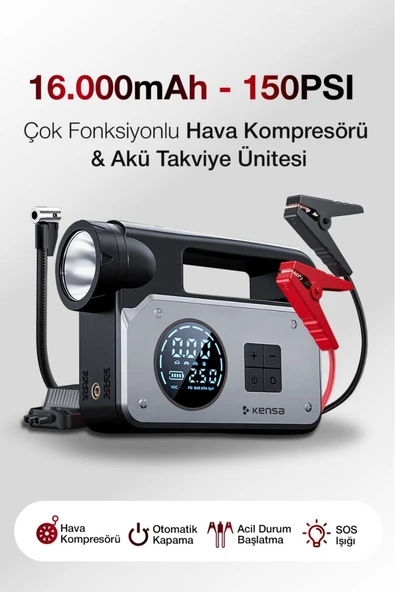3’ü 1 Arada Akü Takviye Cihazı ve Hava Pompası |150 PSI Dijital Kompresör 16.000mAh Powerbank Type-C ürün görseli 1