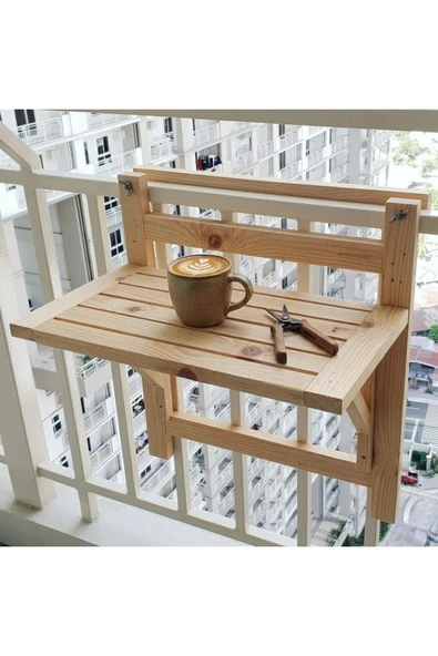 Ev dekka Ahşap Balkon Masası - Katlanır ve Ayarlanabilir Balkon Korkuluk Masası (60x40 cm) ürün görseli 1