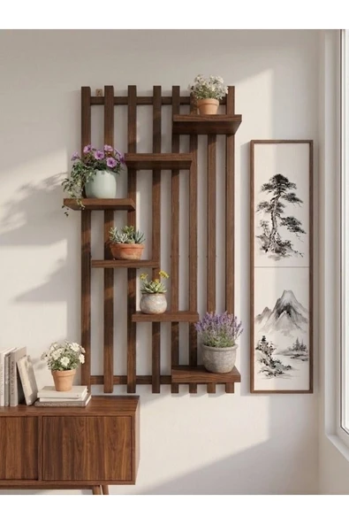 Ev dekka Kahve Rengi Ahşap Dekoratif Duvar Rafı - Çok Amaçlı Çiçeklik ve Kitaplık 40x120 cm ürün görseli 1