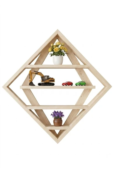 Ev dekka WoodDesign Doğal Ahşap Baklava Model Dekoratif Duvar Rafı - Geometrik Kitaplık & Çiçeklik 60 x 60 cm ürün görseli 1