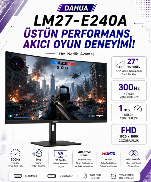 Dahua LM27-E240A 27″ 300Hz 1ms Fulll HD VA Gaming (Oyuncu) Monitör ürün görseli 1