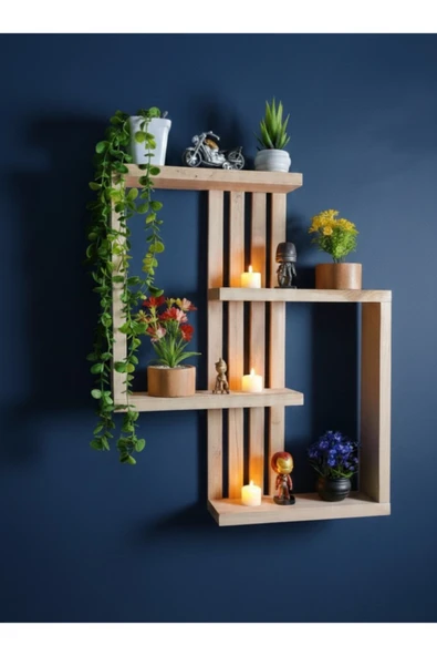 Ev dekka Delmeden Montaj Ahşap Duvar Rafı - 60x50 cm Çift Taraflı Bant Uyumlu Modern Raf ürün görseli 1