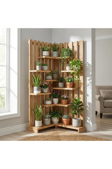 Ev dekka WoodDesign Çok Katlı Ahşap Köşe Çiçeklik Saksılık Ve Dekoratif Raf Modülü 160x150 cm ürün görseli 1