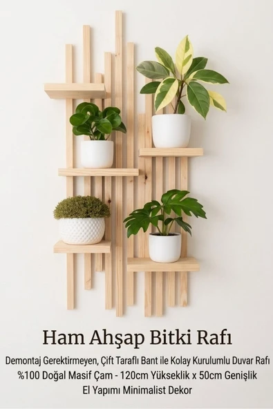 Ev dekka WoodStore | Premium Masif Ahşap Duvar Rafı - 120x50 cm Delmesiz Kurulum Bitkilik ürün görseli 1