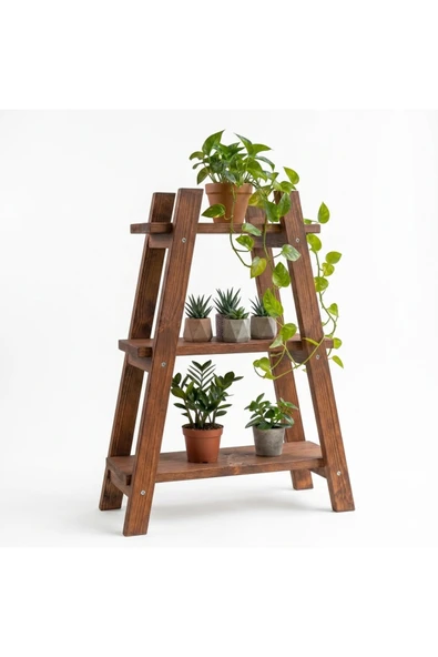 Ev dekka Dekoratif Ahşap Merdiven Çiçeklik Saksı Standı 3 Katlı Balkon Bahçe Rafı 120x100 cm ürün görseli 1