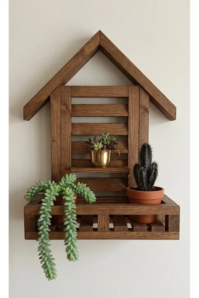 Ev dekka Dekorev Ham Köknar Ahşap Ev Tasarımlı Duvar Rafı - Dekoratif Mutfak ve Banyo Rafı - 40x20x25 cm ürün görseli 1