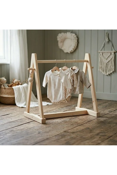 Ev dekka .Montessori Ahşap Bebek Kıyafet Askılığı - Doğal Çam Çocuk Elbise Standı (100x100 cm) ürün görseli 1