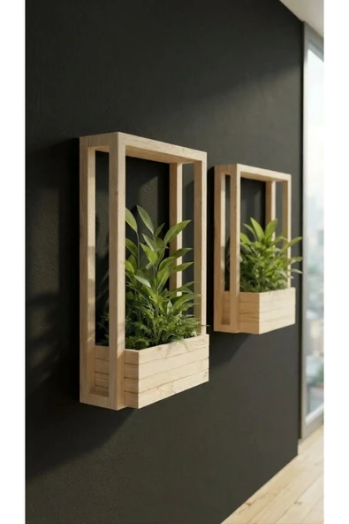 Ev dekka Delmesiz Montaj Masif Ahşap Duvar Saksılığı - Çift Taraflı Bantlı Dekoratif Çiçeklik (40x100 cm) ürün görseli 1
