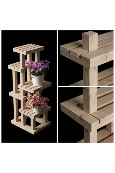 Ev dekka : 4 Katlı Ahşap Çiçeklik Standı - 100x50x25 cm Dekoratif Saksı Rafı ürün görseli 1