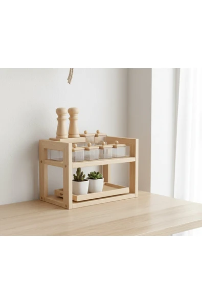 Ev dekka Ahşap 2 Katlı Baharatlık Standı - Tezgah Üstü Düzenleyici Raf - Modern Mutfak Rafı 25x20 cm ürün görseli 1