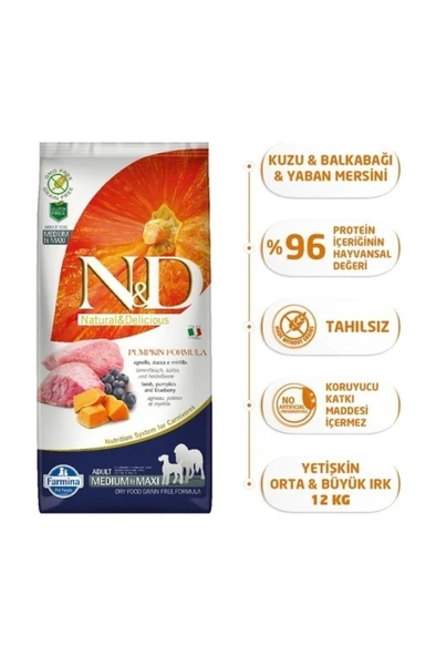 N&D Pumpkin Tahılsız Köpek Kuzu & Yaban Mersini Medium & Maxı 12 kg ürün görseli 1