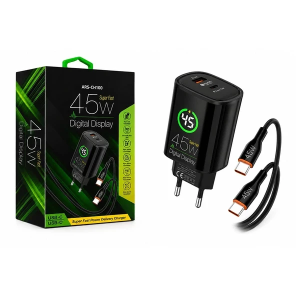 CH100 Dijital Ekranlı 45W Hızlı Şarj Adaptörü ve Pd Kablo Set ürün görseli 1