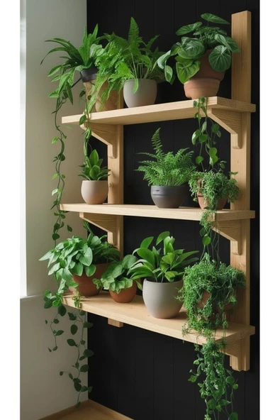 Ev dekka Doğal Çam Masif Ahşap 3 Katlı Duvar Rafı - 80x50 cm Mutfak Banyo Çiçeklik Kitaplık Raf ürün görseli 1
