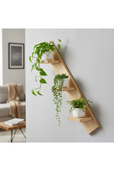Ev dekka Matkap Gerektirmeyen Modern Duvar Rafı - 3 Katlı Ahşap Saksı Standı 60x10 cm ürün görseli 1