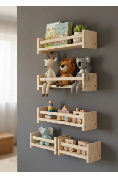 Ev dekka Ahşap Çocuk Odası Montessori Raf Kitaplık 4’lü Set - Duvara Monte Oyuncak Rafı 100x40 cm ürün görseli 1