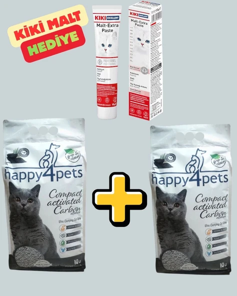Happy4Pets Topaklaşan Kedi Kumu 2 X 10 lt Kokusuz İnce Taneli Aktif Karbon Kiki malt 50 g Hediye ürün görseli 1
