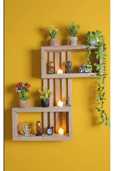 Ev dekka Ahşap Zikzak Duvar Rafı - 75x50 cm Dekoratif Masif Kitaplık Ve Saksılık - 3 Bölmeli Duvar Dekoru ürün görseli 1