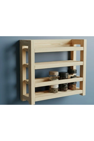 Ev dekka Masif Ham Ahşap 3 Katlı Baharatlık 25x20 cm - Delme Gerektirmeyen Çift Taraflı Bantlı Mutfak Rafı ürün görseli 1