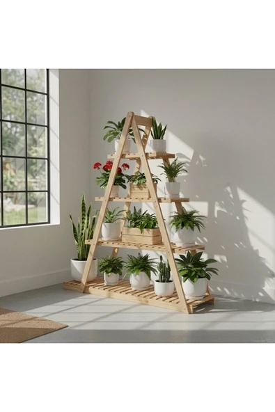 Ev dekka Doğal Ahşap 5 Katlı Merdiven Çiçeklik - 150x150 cm Taşınabilir Saksı Standı Balkon Bahçe Rafı ürün görseli 1