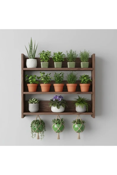 Ev dekka Ahşap Duvar Rafı - 3 Katlı Çok Amaçlı Mutfak ve Balkon Rafı - Dekoratif Saksılık - 50x50 cm ürün görseli 1