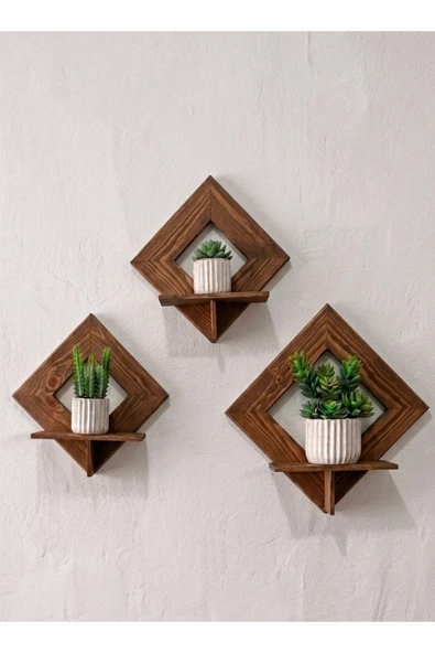 Ev dekka Masif Ahşap Baklava Dilim Duvar Rafı - 3 Parça Dekoratif Raf Seti 25x25 cm ürün görseli 1