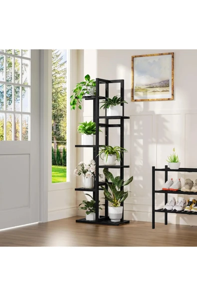 Ev dekka Raflı Doğal Ahşap Çiçeklik - 120 cm Dikey Saksı Standı (Siyah Lake) ürün görseli 1