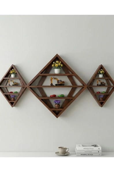 Ev dekka Masif Ahşap Geometrik Duvar Rafı Kitaplık Seti 150x60 cm ürün görseli 1