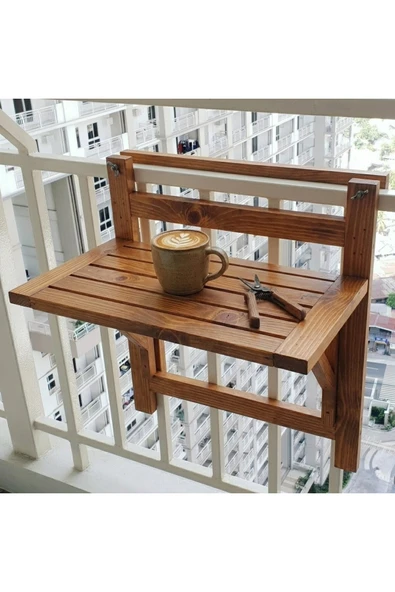 Ev dekka Ahşap Balkon Masası - 10 cm Ayarlanabilir, Katlanır Balkon Korkuluk Masası (60x40 cm) ürün görseli 1