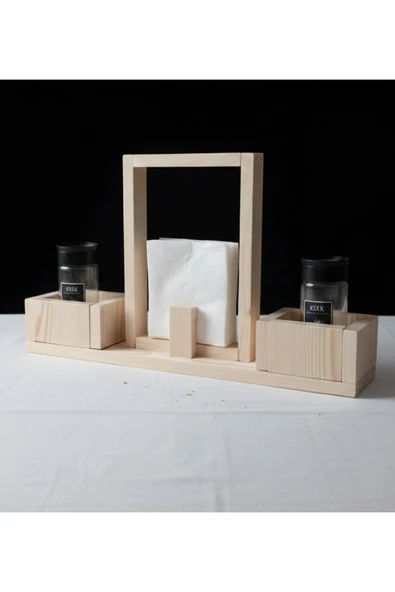 Ev dekka WoodMaster Masif Ahşap Büyük Boy Peçetelik & baharatlık Seti 40x30 cm Masa Düzenleyici Sunum Standı ürün görseli 1