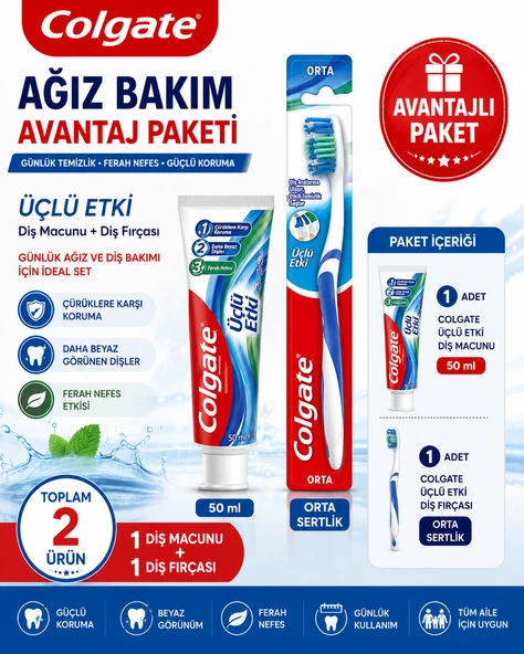 Colgate Üçlü Etki 50 ml Diş Macunu + Orta Diş Fırçası Avantaj Paketi ürün görseli 1