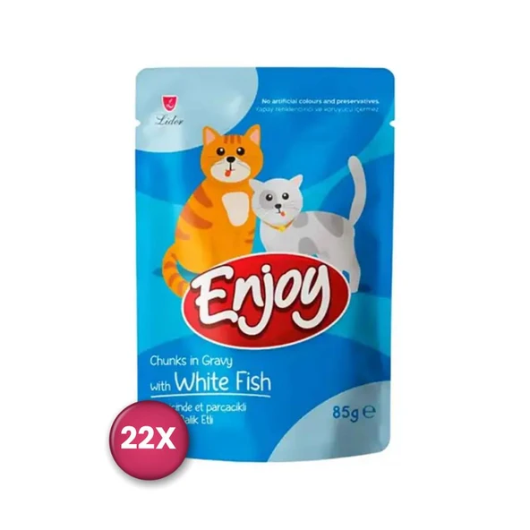 Enjoy Pouch Sos İçinde Et Parçacıklı Beyaz Balıklı Yetişkin Kedi Konservesi 85 Gr x 22 Adet ürün görseli 1