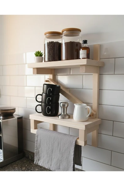 Ev dekka NaturaDesign 40x30 cm Vidasız Yapışkanlı Doğal Ahşap Mutfak Rafı -Raflı Baharatlık ve Havluluk ürün görseli 1