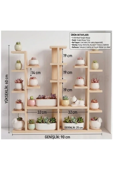 Ev dekka Çift Kuleli Ahşap Masaüstü Çiçeklik 90x80 cm - 10 cm Derinlik Pencere Önü Sukulent Kaktüs Saksı Rafı ürün görseli 1
