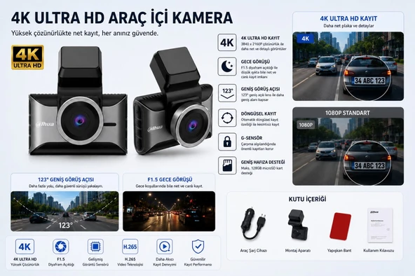 S10 4K G-Sensör Gece Görüş Destekli Döngüsel Kayıt Yapabilen Geniş Açılı Wi-Fi Mobil Uygulamalı Ön ve Arka Çift Araç İçi Kamera (DAHUA TÜRKİYE GARANTİLİ) ürün görseli 1