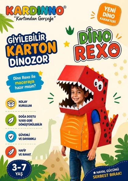 Kardinno Dino Rexo Eğitici Oyuncak Karton Giyilebilir Çocuk Kostümü Etkinlik Parti Kostümü ürün görseli 1
