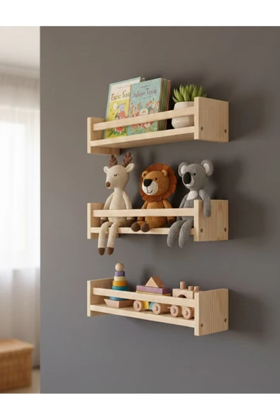 Ev dekka Ahşap Çocuk Odası Montessori Raf Kitaplık 3'lü Set - Duvar Dekoru Oyuncak Rafı 60x40 cm ürün görseli 1