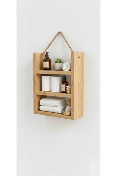 Ev dekka Doğal Ahşap Banyo Rafı - 3 Katlı Duvar Rafı - Askılı Dekoratif Raf 60x30 cm ürün görseli 1