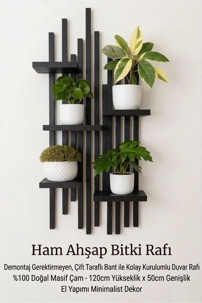 Ev dekka WoodStore Dekoratif Masif Ahşap Duvar Rafı - 120x50 cm Delmesiz Kurulum Bitki Standı Çiçeklik ürün görseli 1