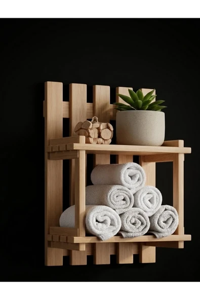Ev dekka Masif Ahşap Dekoratif Banyo ve Mutfak Rafı - 50x40 cm - Montaj Gerektirmez Yapışkanlı Havluluk ürün görseli 1