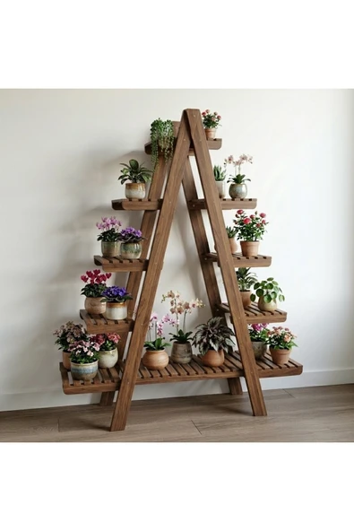 Ev dekka WoodDecor 5 Katlı Ahşap Merdiven Çiçeklik - 120x100 cm Geniş Raf Standı ürün görseli 1