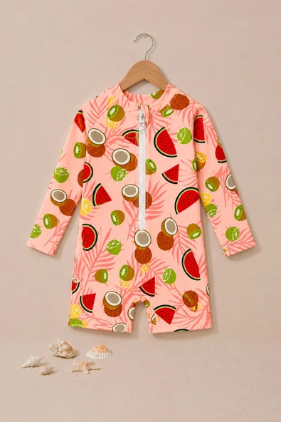 Summer Fruit Desenli Kız Bebek Uzun Kollu Fermuarlı Tulum Mayo ürün görseli 1