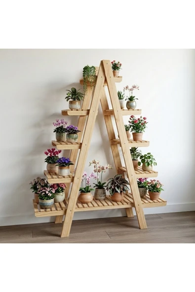 Ev dekka WoodDecor 5 Katlı Ahşap Merdiven Çiçeklik - 120x100 cm Geniş Raf Standı ürün görseli 1