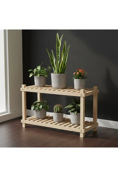 Ev dekka Modern Masif Ahşap Çiçek Standı - 2 Raflı Köknar Ağacı Çok Amaçlı Raf 100x50 ürün görseli 1
