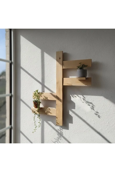 Ev dekka Dekoratif Ham Ahşap Duvar Saksılığı - Boho Tarz El Yapımı Doğal Ağaç Raf 50x50 cm ürün görseli 1