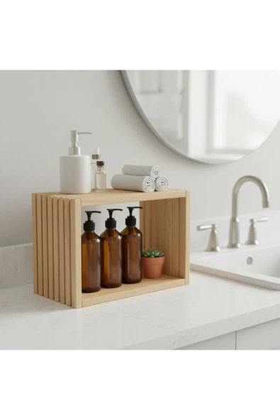 Ev dekka Masif Ahşap 2 Katlı Mutfak Tezgah Üstü Düzenleyici Raf Tabaklık ve Saksı Standı 25x20 cm ürün görseli 1