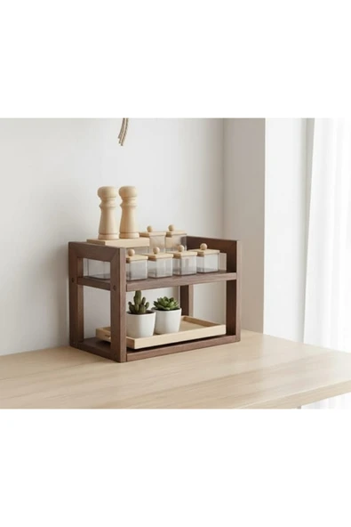 Ev dekka Ahşap 2 Katlı Baharatlık Standı - Tezgah Üstü Düzenleyici Raf - Modern Mutfak Rafı 25x20 cm ürün görseli 1